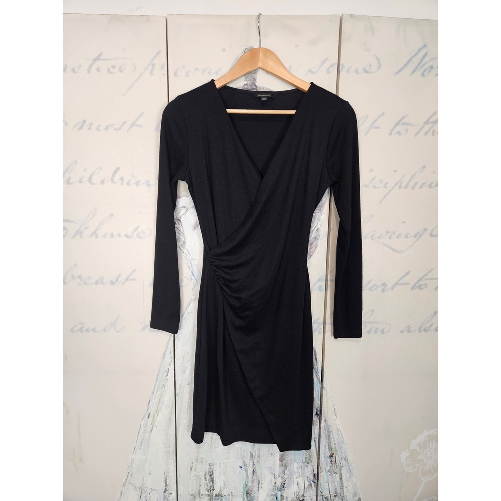 Banana Republic Faux Wrap Dress XS Black Long Sleeve Ruched V-Neck Sheath LBD